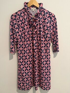 Simply Southern Dress Pink Navy Floral Ruffle Neck Tunic Shift Stretch Preppy M